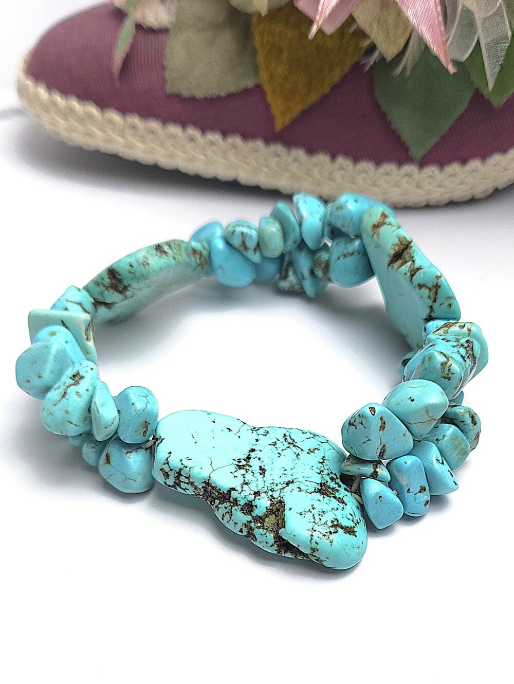 Handmade Chunky Turquoise Stone Stretch Bracelet Unisex Turquoise Stone Bracelet